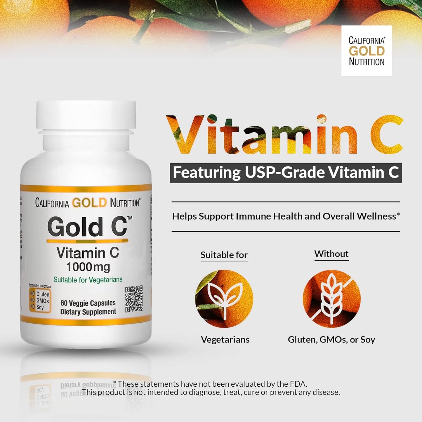 California Gold Nutrition Vitamin C supplement bottle with oranges in the background