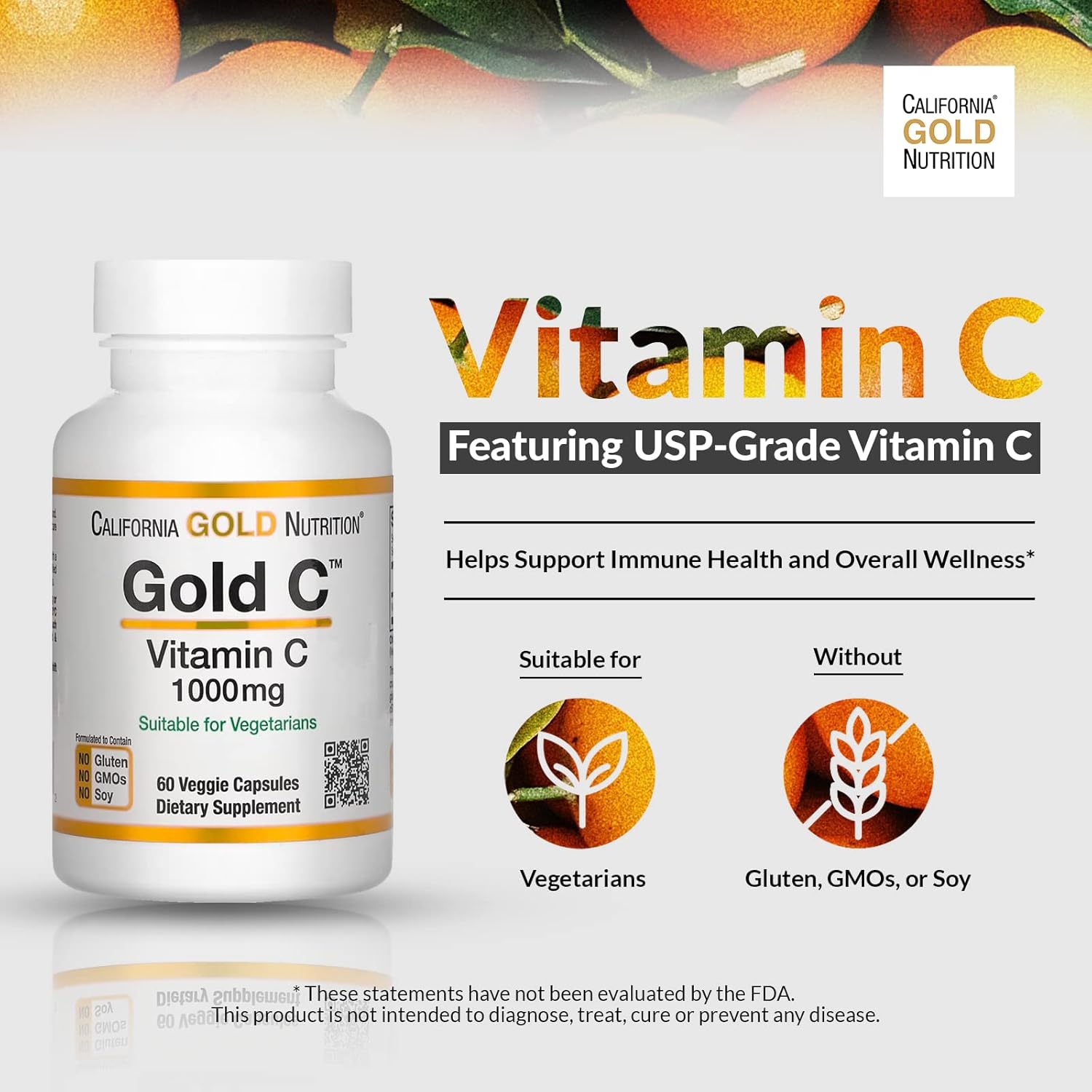 California Gold Nutrition Vitamin C supplement bottle with oranges in the background
