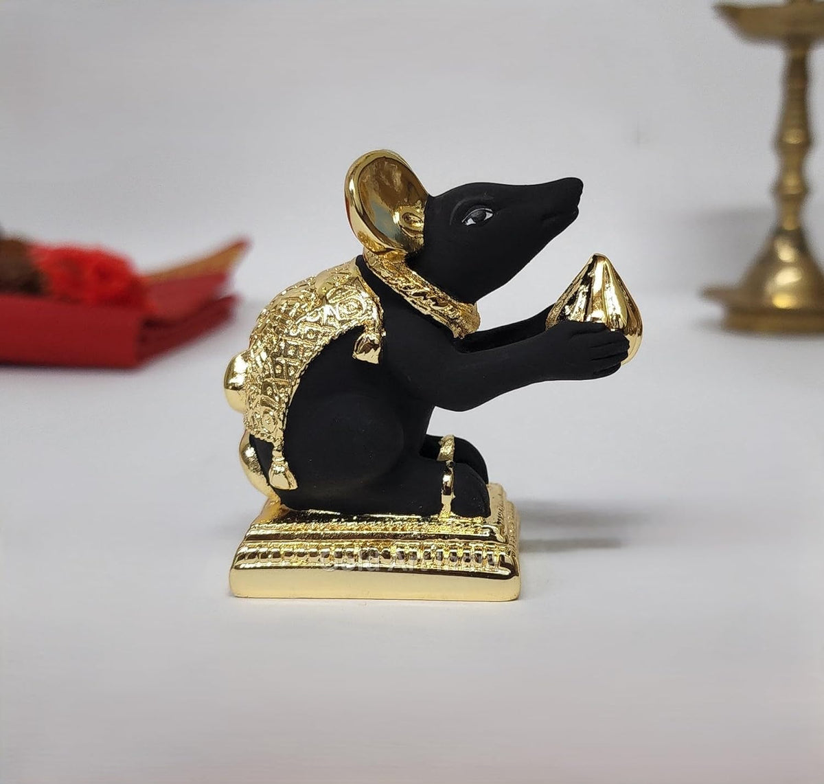 Gold Art India Gold-Plated Mushak (Mooshak) Mouse with Modak | Black Terracotta Finish | Mouse Idol | Vehicle (Vahana) of Lord Ganesha | 2.5 Inch Height | Home Decor, Mandir Pooja Room, Office Desk