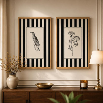 Set of 2 Wooden Framed Wall Paintings, 13x19 Inches, Black & White Botanical & Bird Illustration Art for Living Room, Bedroom, Office & Hall