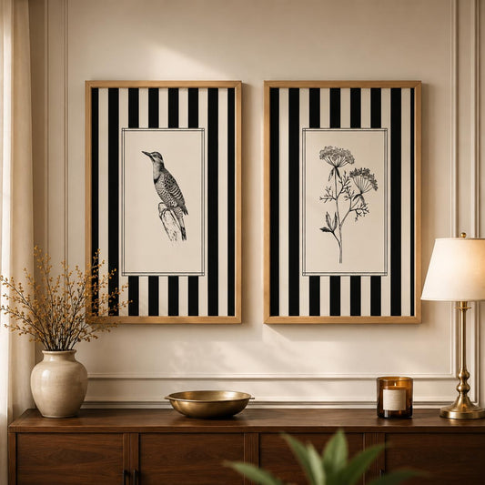 Set of 2 Wooden Framed Wall Paintings, 13x19 Inches, Black & White Botanical & Bird Illustration Art for Living Room, Bedroom, Office & Hall
