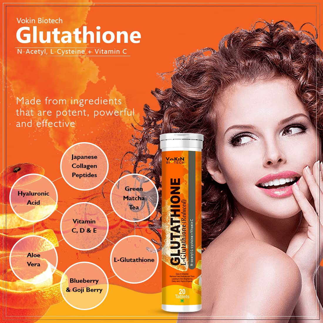 Vokin Biotech Glutathione supplement with a model on an orange background