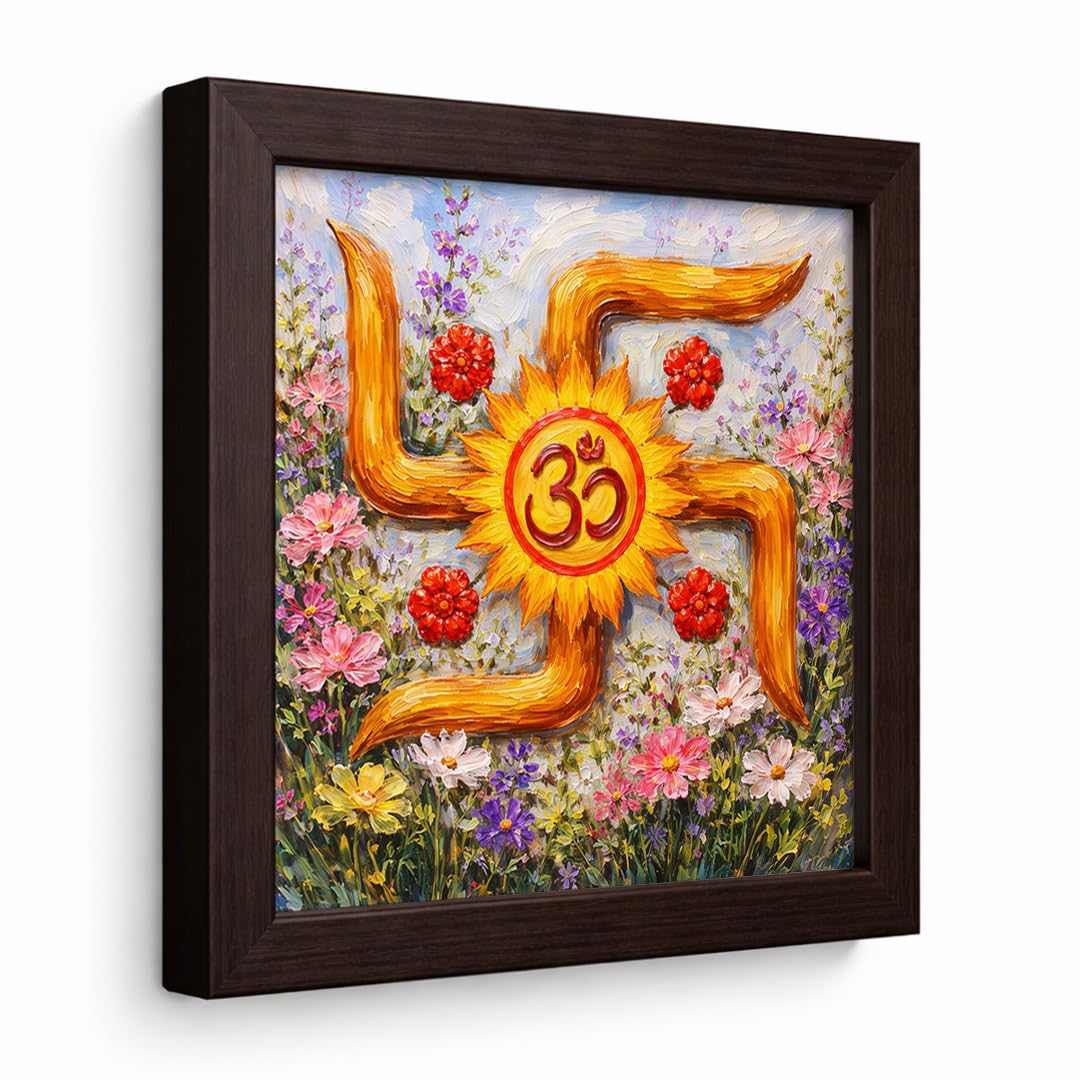 Swastik Om Floral Vastu Sacred Hindu Spiritual Mandir Religious Auspicious Traditional Indian Framed Poster Artwork Decor Painting