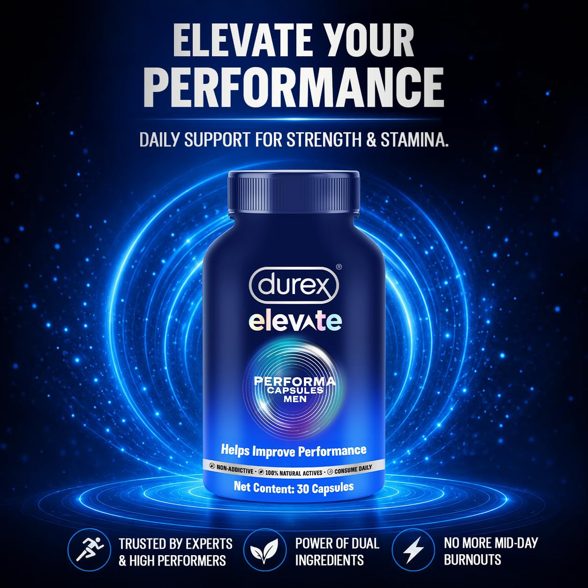 Durex Elevate Performa Capsules for Men | Ashwagandha KSM-66 Purified Shilajit & Supplement | Supports Strength & Stamina | 30 Capsules