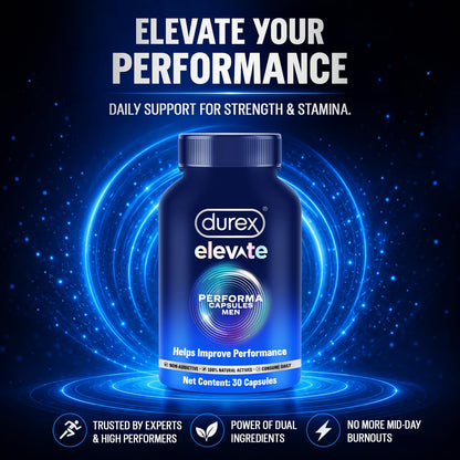 Durex Elevate Performa Capsules for Men | Ashwagandha KSM-66 Purified Shilajit & Supplement | Supports Strength & Stamina | 30 Capsules