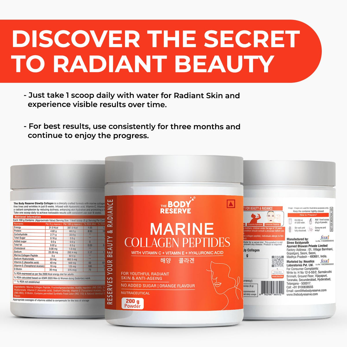 Body Reserve Marine Collagen Peptides container with promotional text on a white background