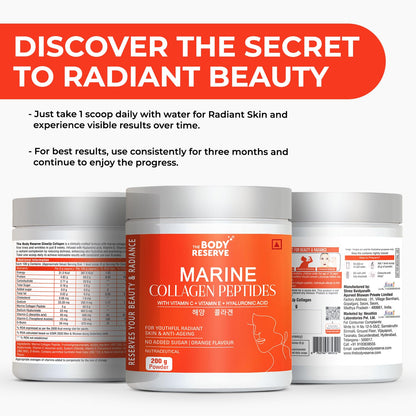 Body Reserve Marine Collagen Peptides container with promotional text on a white background