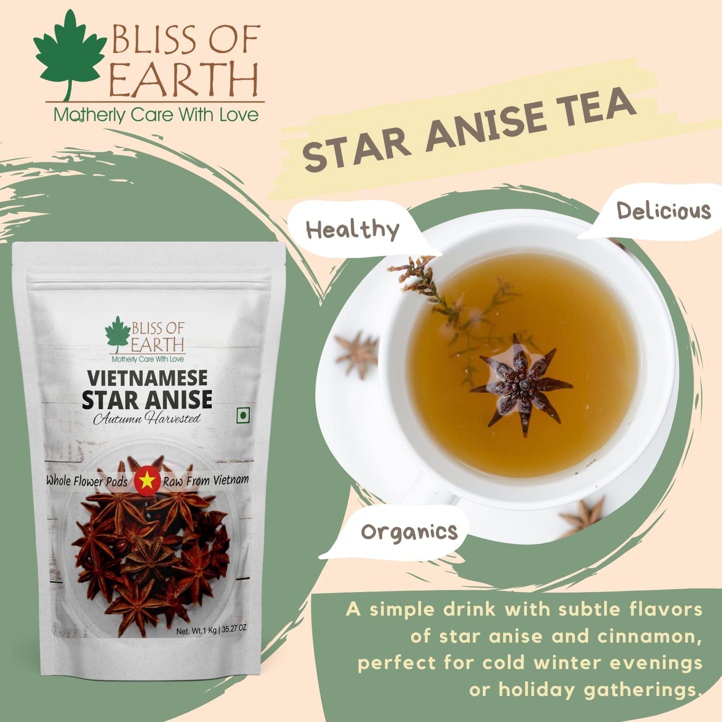 Bliss of Earth 100gm Star Anise Whole spices, Chakra Phool, Vietnamese badiyan, For Exotic Tea & Indian Cuisines