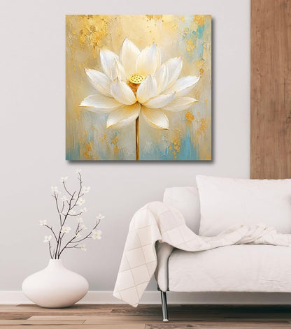 Lotus Flower Painting for Wall Vastu (15+ DESIGNS) Framed Lotus Canvas Painting for Living Room, Bedroom | Nature Floral Wall Art with Multiple Design Variations (White Abstract Lotus, 18x18 Inch, Framed)