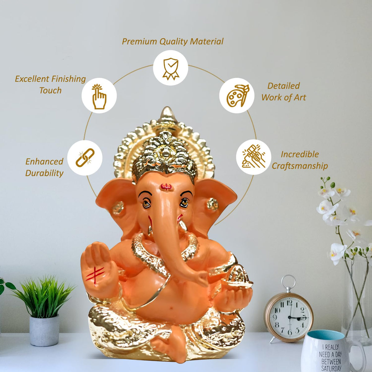 Gold Plated Ganesha Idol with Mango Terracotta Work - 3.5 Inch Height for Home Decor/Office Desk/Puja Room Sculpture, Infusing Positive Energy & Religious Gift (8.89 x 5.08 cm)(Mango Yellow)