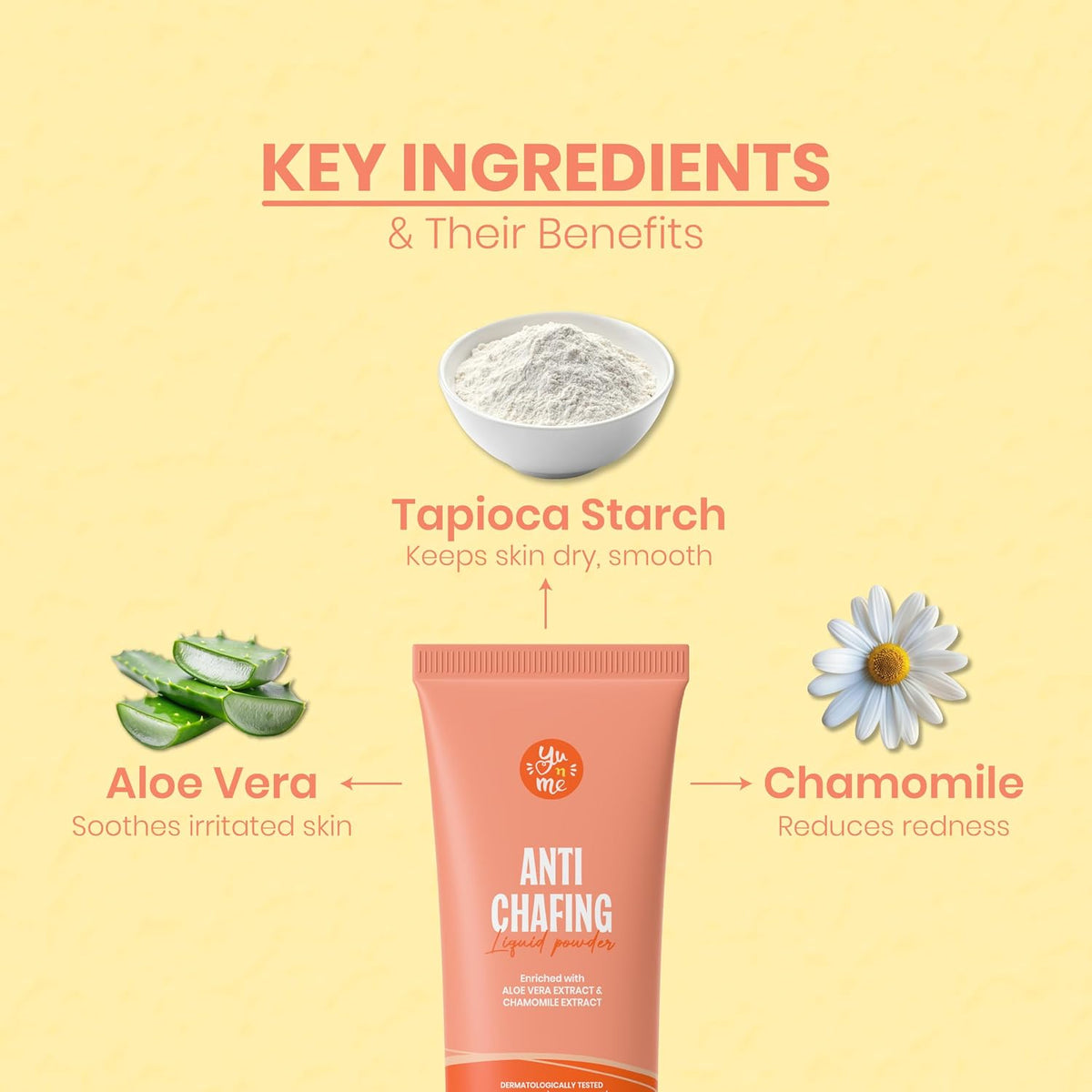 Yu n Me Anti-Chafing Liquid Powder Cream | Anti-Rash Cream for Inner Underarms & Intimate Areas | Dermatologically Tested | Tapioca Starch & Aloe Vera | Non-Greasy Formula | For Men & Women | 50gm