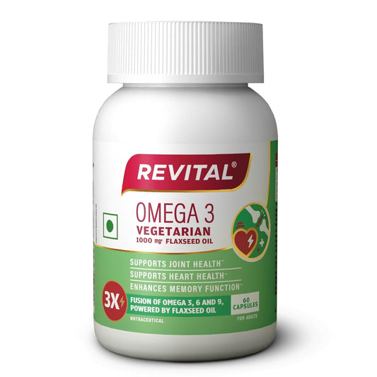Revital Omega 3 Vegetarian 1000mg Flaxseed Oil |Supports joint health, heart health and enhances memory function | Fusion on Omega 3,6 and 9 |Plant-Powered| 60 capsules