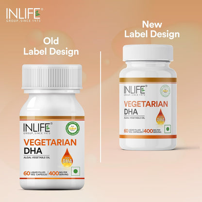 INLIFE Plant Based Omega 3 Supplement | DHA 400mg from Algal Oil | Skin, Eye, Bone, Joint Health - 60 Liquid Filled Vegetarian Capsules (Pack of 1)