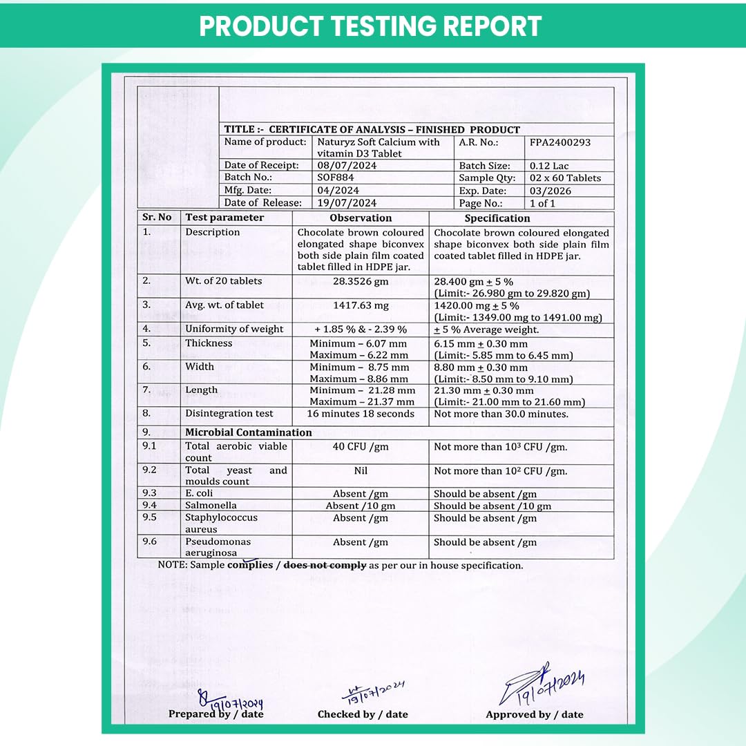 Product testing report for a dietary supplement with detailed analysis and specifications.