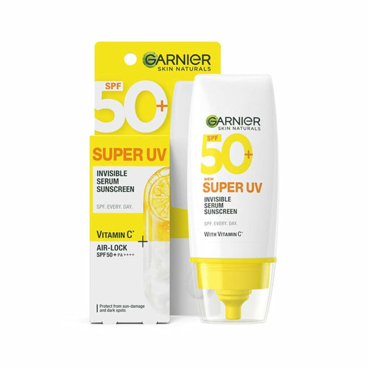 Garnier Super UV Invisible Serum Sunscreen SPF 50+ packaging on a white background