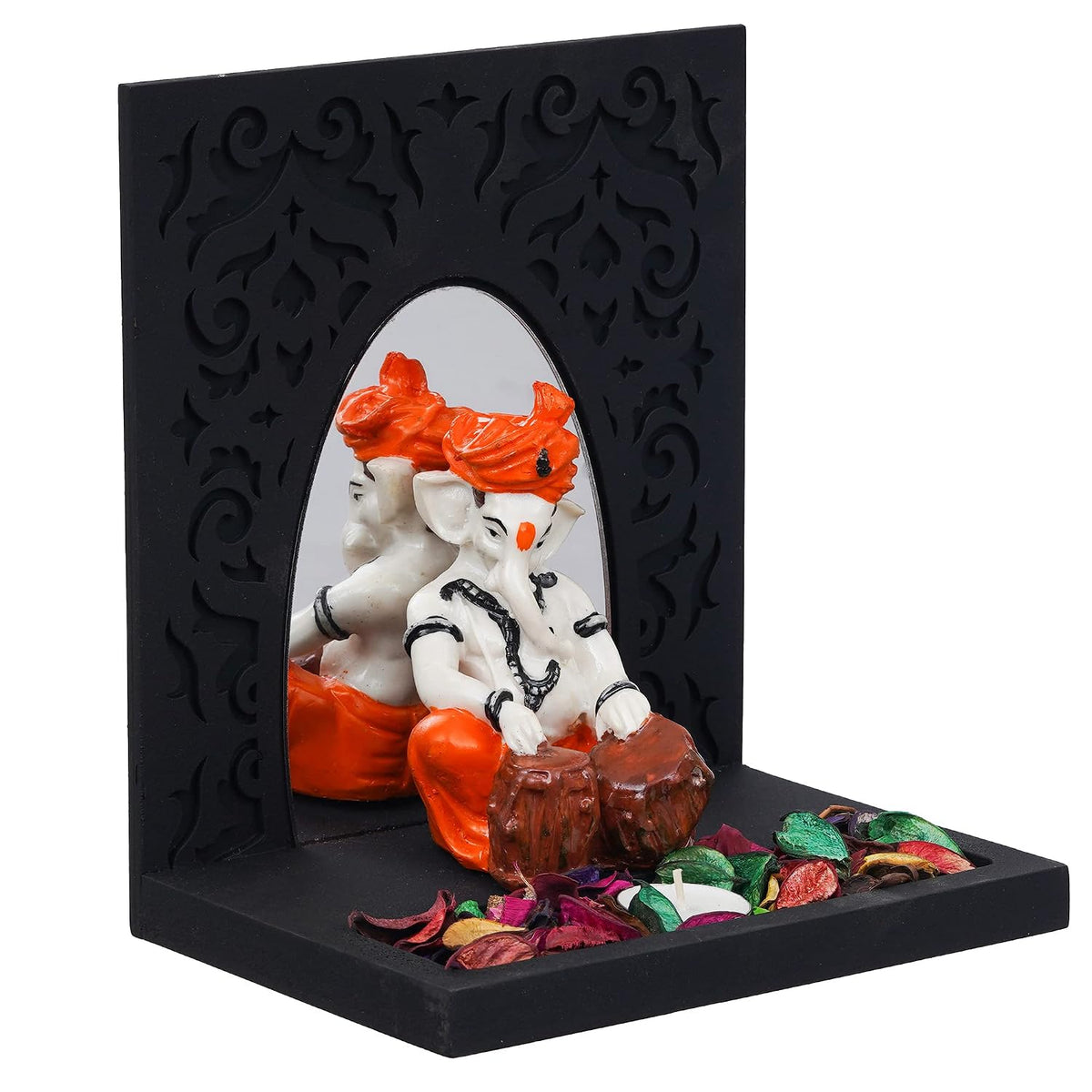 Orange White Resin Lord Ganesha Idol Playing Tabla Showpiece Potpourri Tea Light Candle Holder| Ganpati Murti Tea Light Holder Diwali Decoration Items for Home Decor Office| Diwali Gift