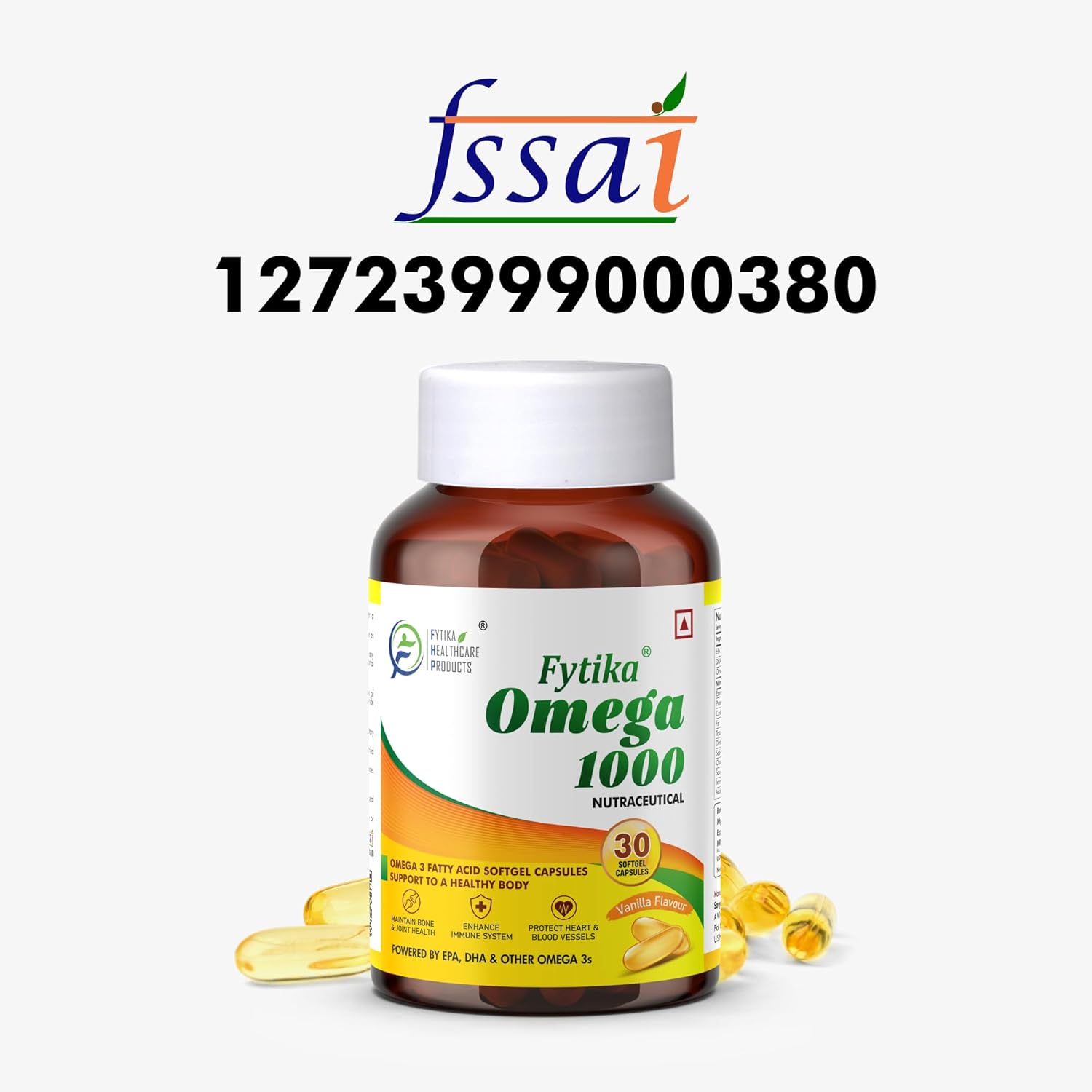 Fytika Omega 1000 supplement bottle with FSSAI certification number on a white background