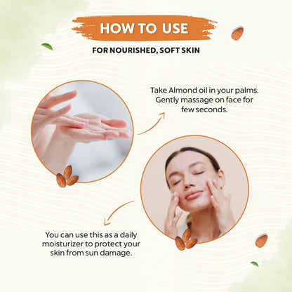 Instructions on how to use almond oil for nourished, soft skin with images of hands and a person applying oil.