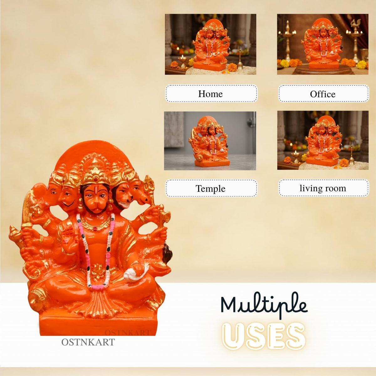 Hanuman Ji Murti Panchmukhi Hanuman for Door Entrance Polyresin 5.5 inch Sindoori Home & Office Decor Living Room Decoration Gift bajarangbali Balaji Idol Evil Eye