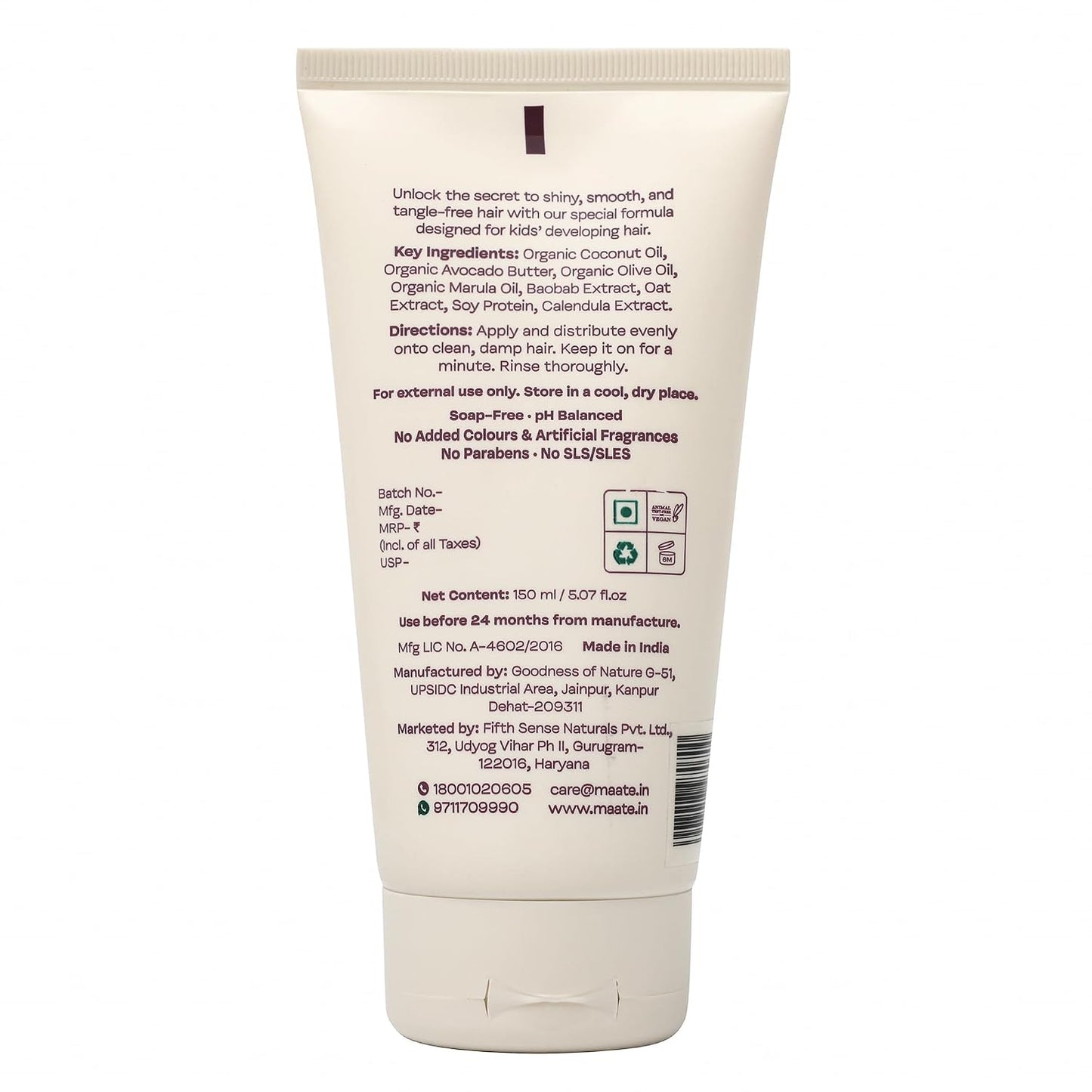 Maate Marula & Baobab Kids Conditioner 150 ml | For Curly & Frizzy Hair | Naturally Nourishes and Hydrates Hair | Enriched With Coconut & Olive Oil | Vegan | Tangle-Free | For Kid 3 Years and Older