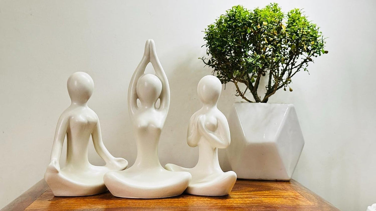 Pack of 3 Yoga Girl Statue Ceramic Meditating Thinker Sculpture Decorative Yoga Showpiece for Gifting Living Room House Warming Anniversary Birthday Office & Home Decoration
