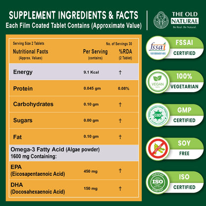 The Old Natural Salmega Veg Omega 3 Algal Oil Capsules – 1600mg Marine Algae Omega (450mg EPA & 150mg DHA) | Plant Based Omega 3 Supplement | Vegetarian DHA for Heart, Brain, Joint & Immunity Support | 60 Veg Capsules