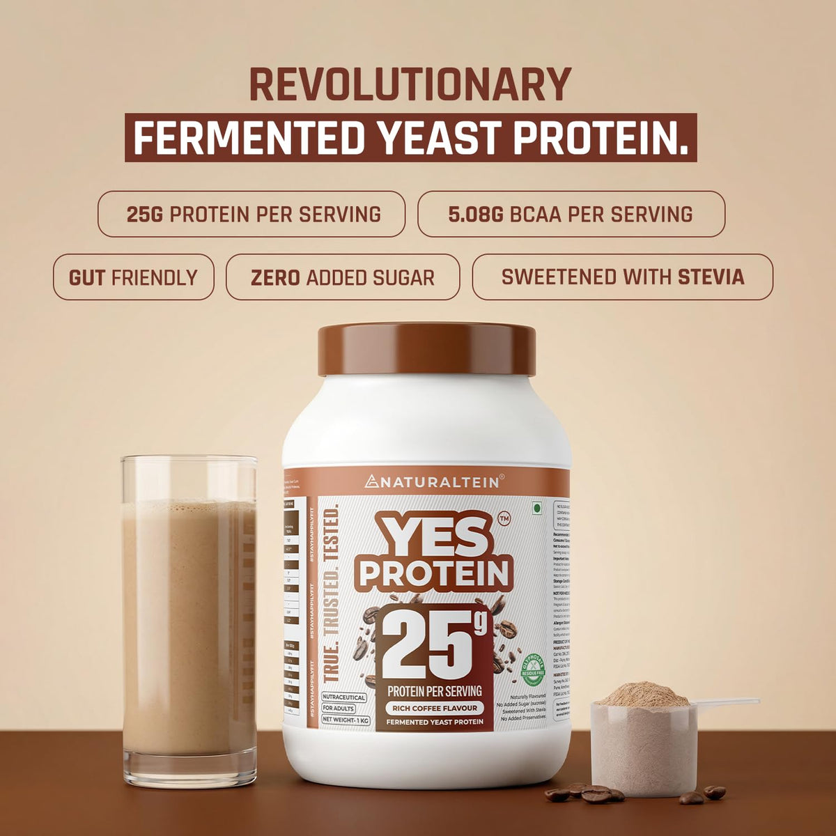 YES Protein bottle with a glass of protein shake and scoop on a brown background