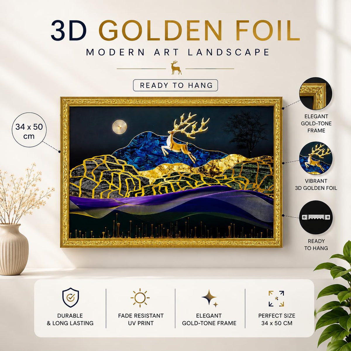 3D Golen Foil Modern Art Landscape with Joyful Lucky Reindeer | Framed Painting | Ready to Hang - (Multicolor, 14 Inch x 20 Inch)