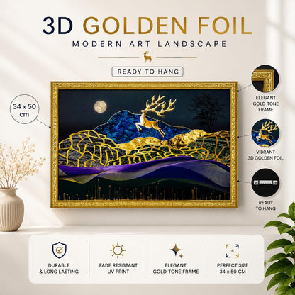3D Golen Foil Modern Art Landscape with Joyful Lucky Reindeer | Framed Painting | Ready to Hang - (Multicolor, 14 Inch x 20 Inch)