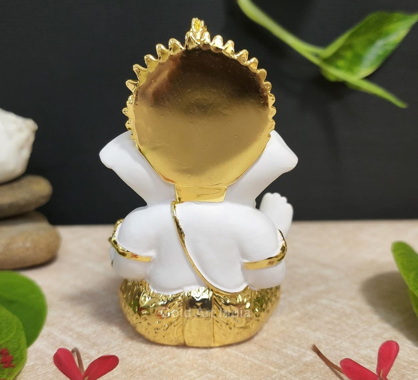 Gold Art India Gold Plated Ganesh Idol for Car Dashboard God Ganesha Idol for Home Decor Ganpati for Gift Home Office Table Shelves Diwali Gifting 3.5 Inches Gold White Mukut