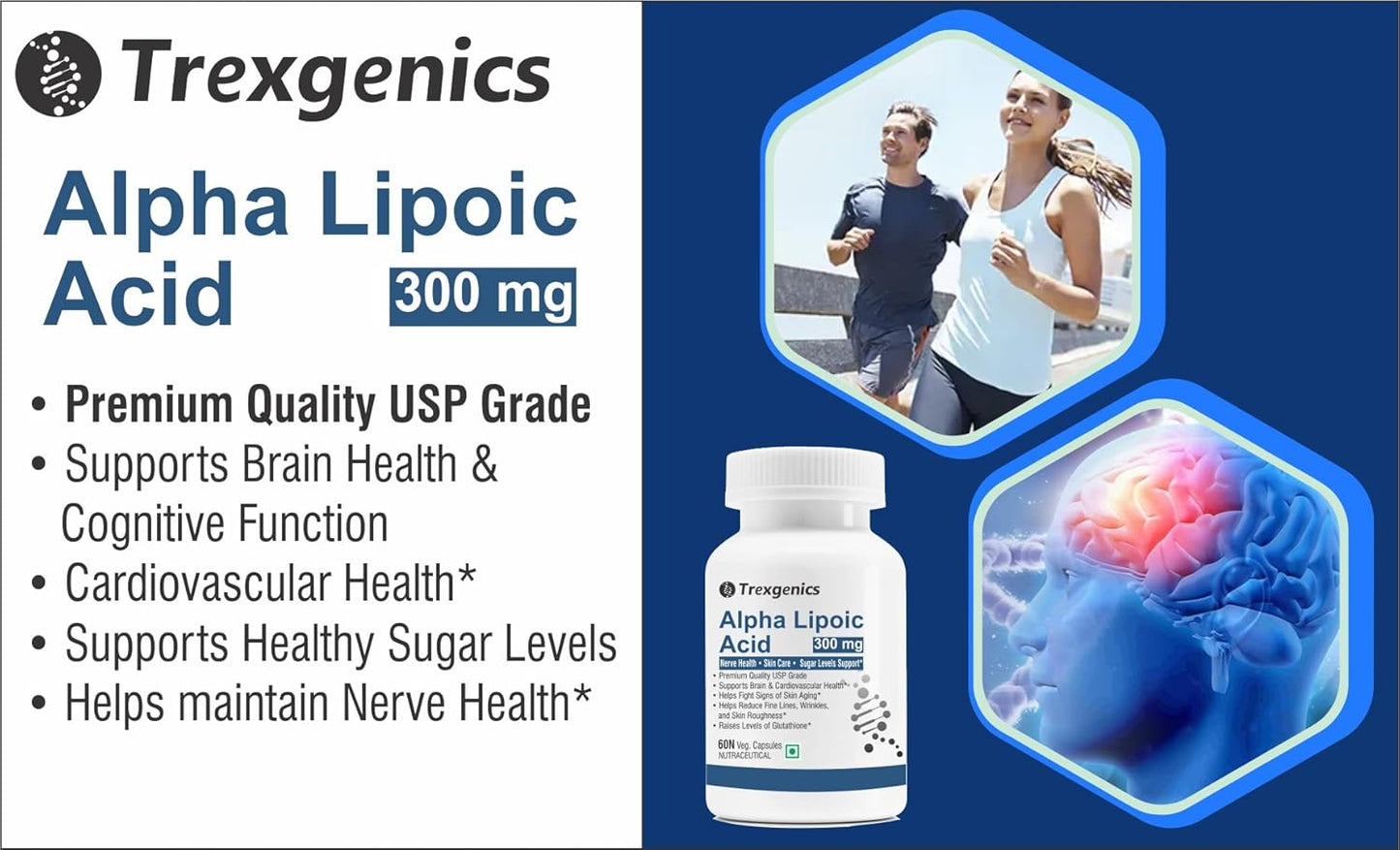Trexgenics ALPHA LIPOIC ACID 300 mg Glucose metabolism, Liver, Skin, Brain, Nervous System Health Support VEGAN & NON-GMO (60 VCaps) (Pack of 1)