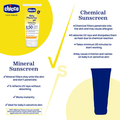 Chicco Baby Moments Mineral Sun Cream SPF 50 for Babies, 75g| 100% Mineral Sunscreen | PA++++ | UVA and UVB Protection | Phenoxyethanol, Parabens & Lauryl Sulphates Free