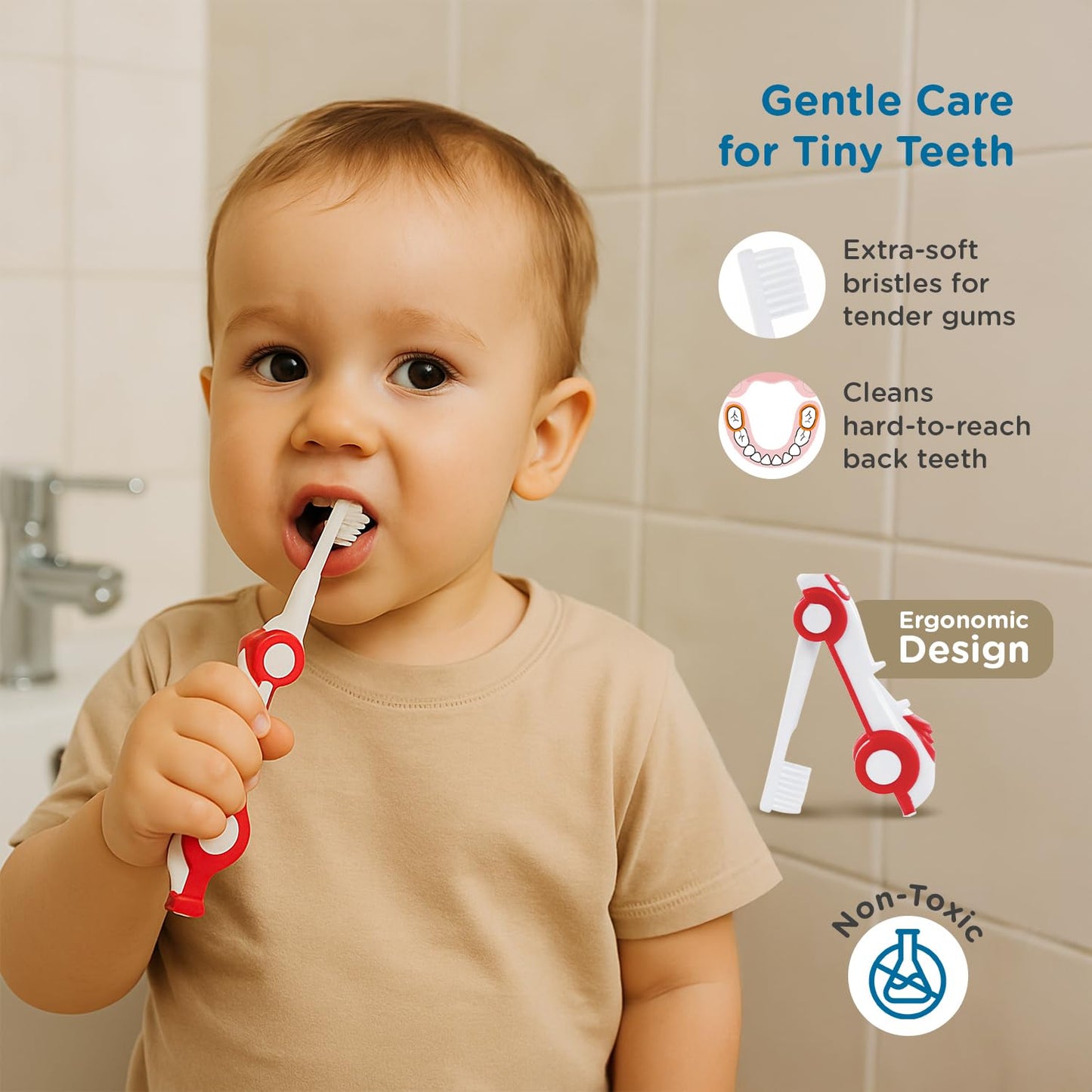 Mee Mee Kids Toothbrush & Toothpaste Combo | For Babies & Toddlers (6 Months–3 Years) | Fluoride-Free, Safe to Swallow, Strawberry Flavour, Soft Bristles, Foldable Car-Shaped Brush (Red)