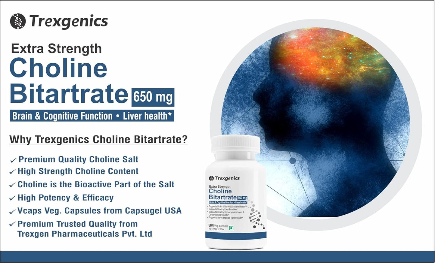 Trexgenics CHOLINE BITARTRATE 650 mg Cognitive Function, Fat Metabolism, Brain & Nervous System Health Support VEGAN & NON-GMO (60 Veg. Capsules) (Pack of 1)