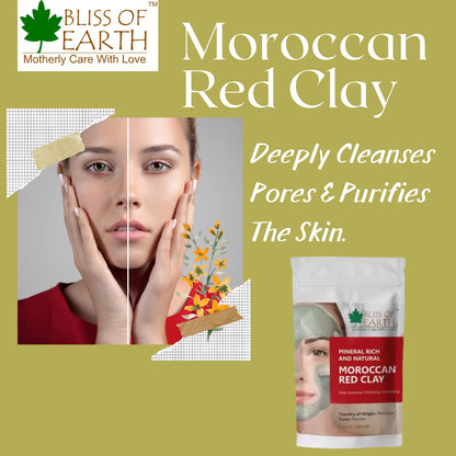 Bliss of Earth Original Moroccan Red Clay Powder | 100GM | Natural Facial Mask & Skin Care Treatment | Anti-Ageing | Heals Dry & Oily Skin | Detoxifying & Rejuvenating |