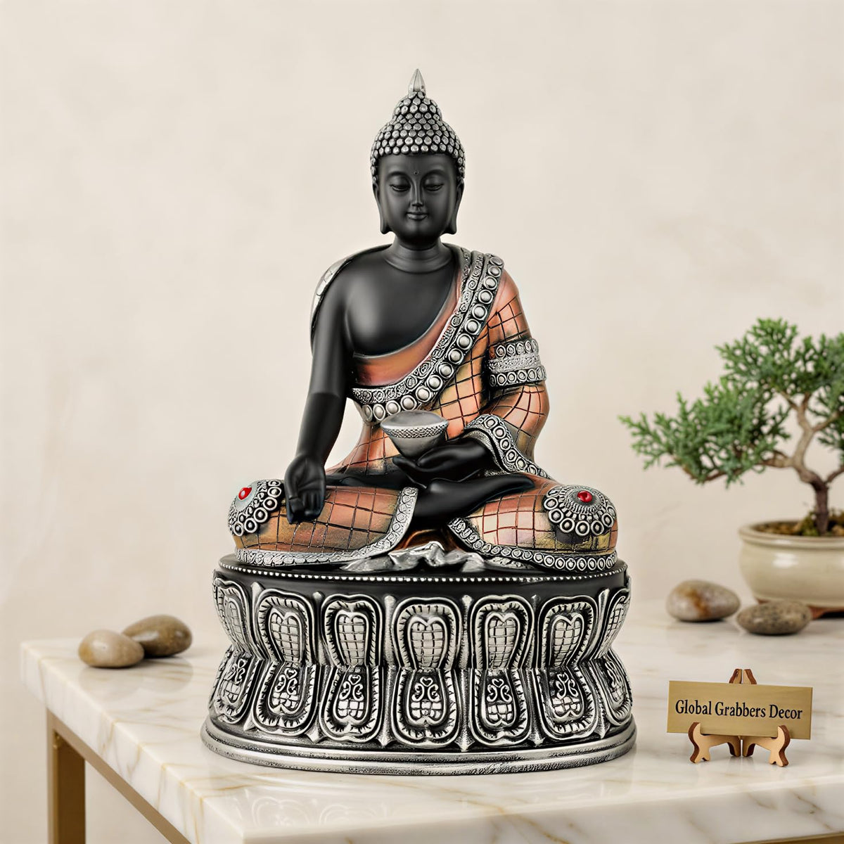 Buddha Statue Showpiece Idol Home Decor Items for Living Room and Gifts (Silver Black Copper)