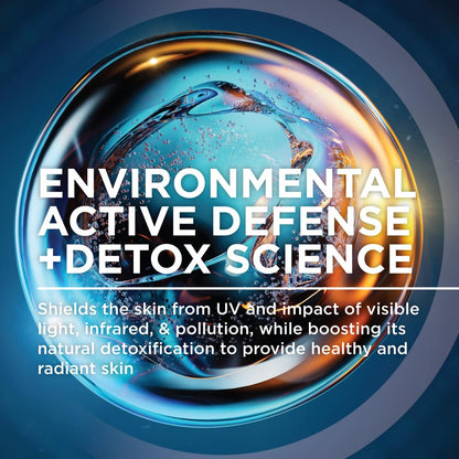 Advertisement for environmental active defense and detox science with a blue and gold globe graphic.