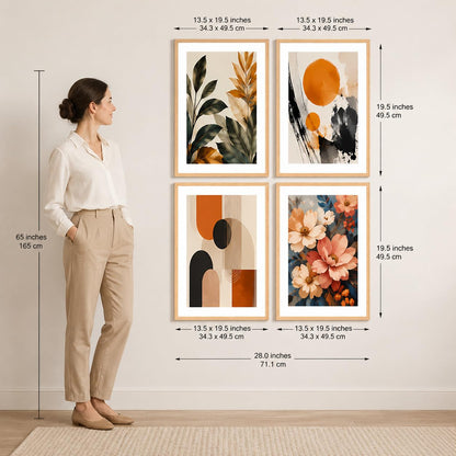 Set of 4 Botanical Floral & Geometric Abstract Wall Paintings with Sparkle Laminate and Premium Wooden Synthetic Frame for Living Room Bedroom Office Decor (13.5 x 19.5 Inch)