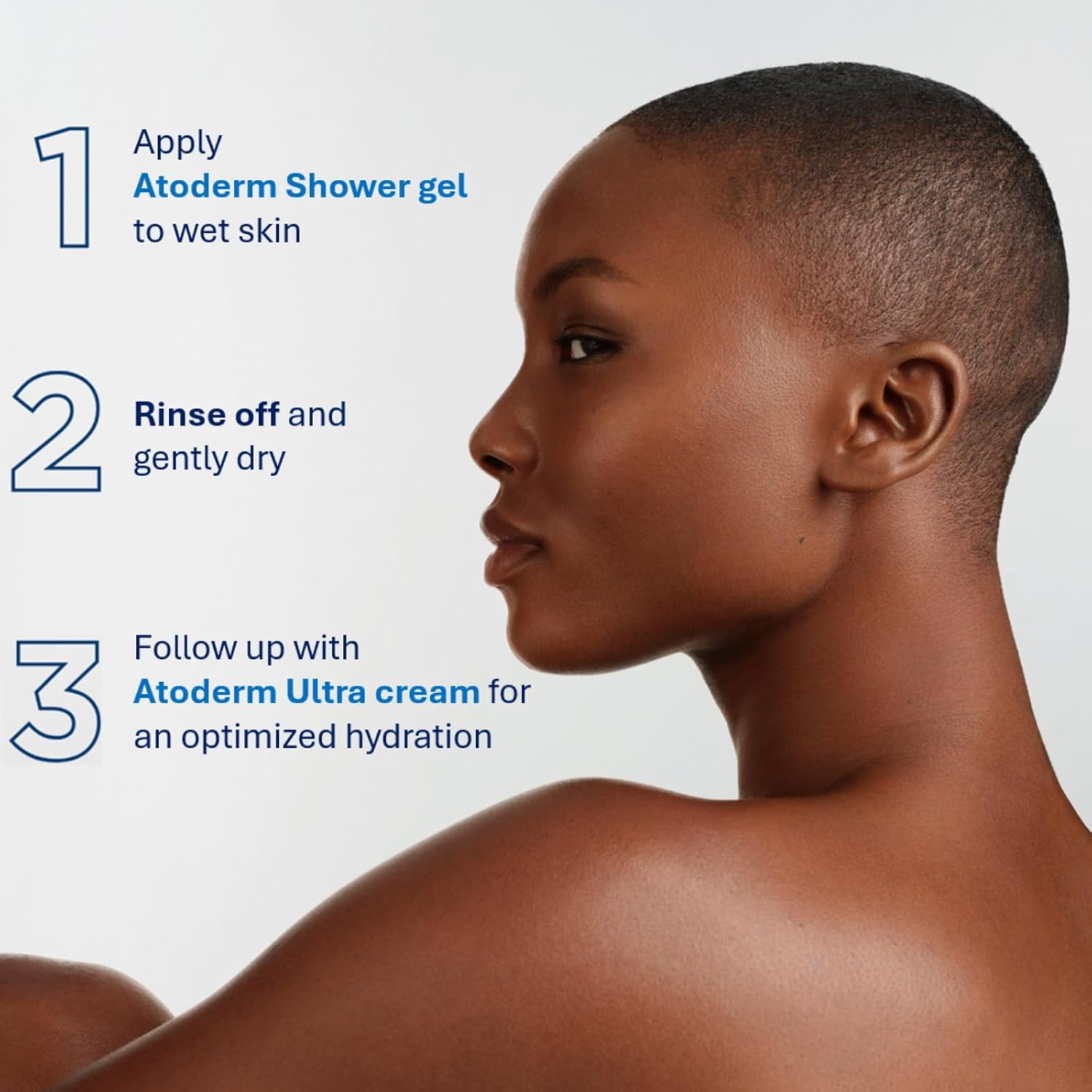 Woman with a shaved head and skincare instructions on a white background