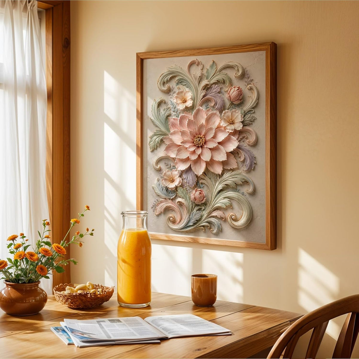 Floral Botanical Wall Painting with Frame, Premium Textured Flower and Leaf Artwork, Pastel Nature Wall Decor Framed for Living Room, Bedroom, Office and Home Decoration (Art-8,13x19inch)