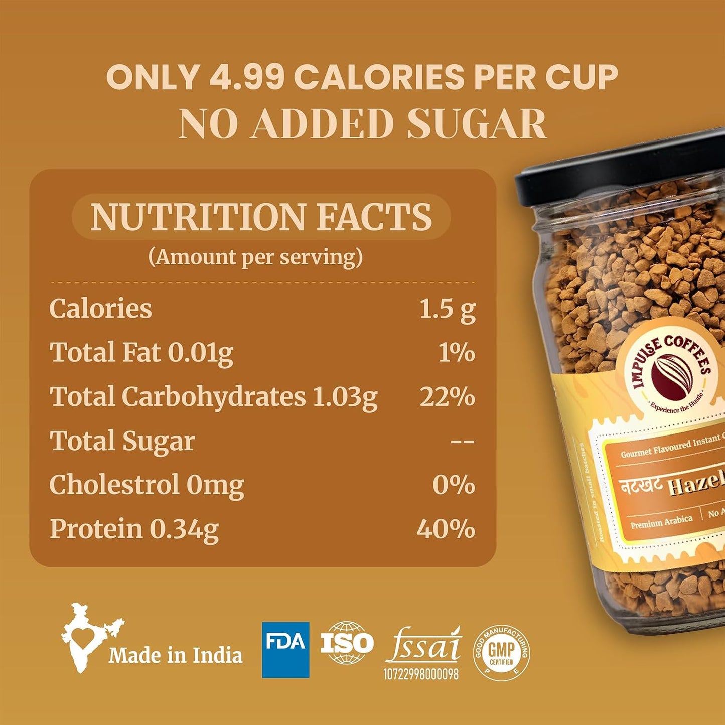 Impulse Coffees - Hazelnut Flavoured Instant Coffee Powder | Premium Freeze Dried Arabica Hazelnut Coffee Powder | Smooth Instant Coffee, Hot & Cold