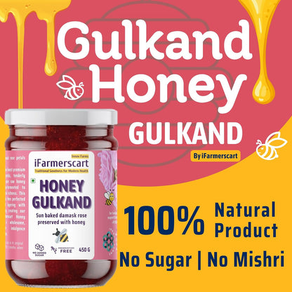 iFarmerscart Honey Gulkand | Fiber Rich | No Added Sugar | No Artificial Flavors | Sun Baked Pure & Fresh Damask Rose Petal Jam | Handcrafted | Potassium, Calcium, Magnesium and and Antioxidants Rich | Better Digestion | No Added Sugar Jam