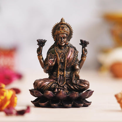 Brown Resin Handcrafted Goddess Laxmi Idol Sitting on Lotus| Blessing Lakshmi Statue| Goddess Lakshmi Devi Idol for Home Office| Laxmi Murti for Diwali Pooja| Diwali Gift