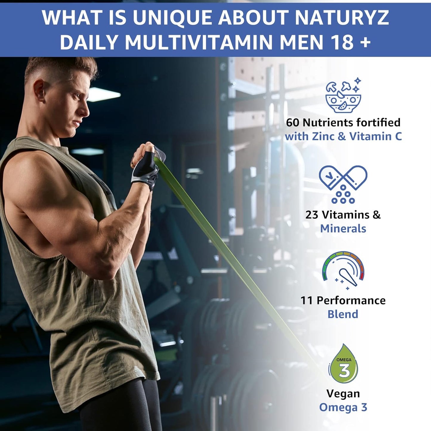 Advertisement for Naturyz Daily Multivitamin Men 18+ showing a man exercising in a gym.