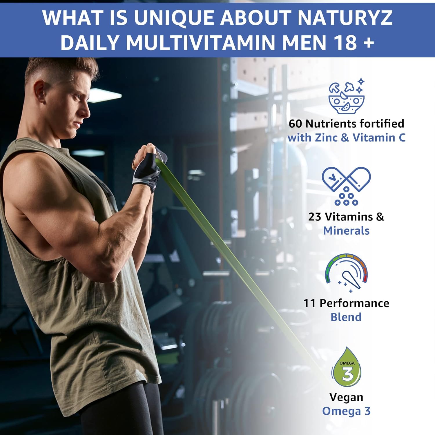 Advertisement for Naturyz Daily Multivitamin Men 18+ showing a man exercising in a gym.