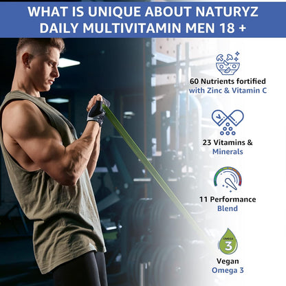 Advertisement for Naturyz Daily Multivitamin Men 18+ showing a man exercising in a gym.