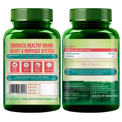 Vlado's Himalayan Organics Methylcobalamin Vitamin B12 1500mcg Supplement for Men & Women - 90 Veg Tablets
