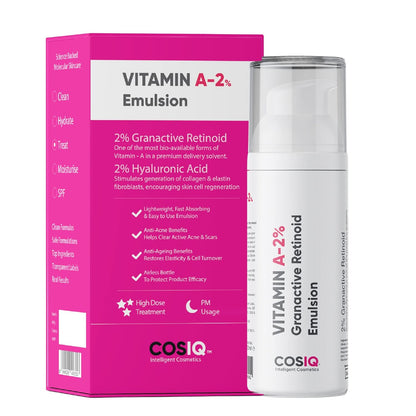 Cos-IQ 2% Vitamin A Granactive Retinoid Emulsion Face Serum | Vit-A Anti Ageing Night Cream Serum for Wrinkles, Fine Lines & Acne | For Women & Men | 30ml