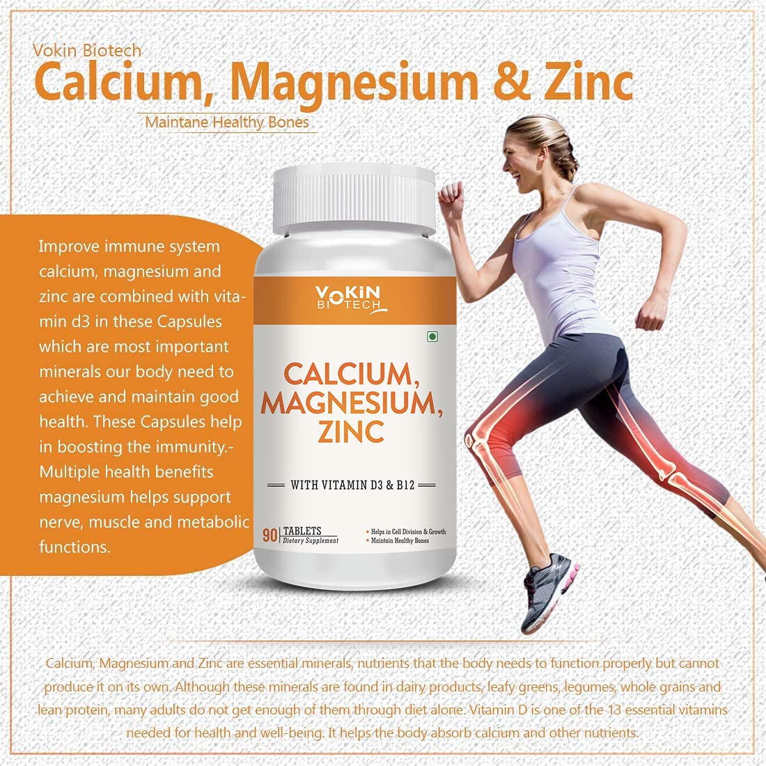 Vokin Biotech Calcium, Magnesium & Zinc supplement bottle with a woman running and骨骼图解.