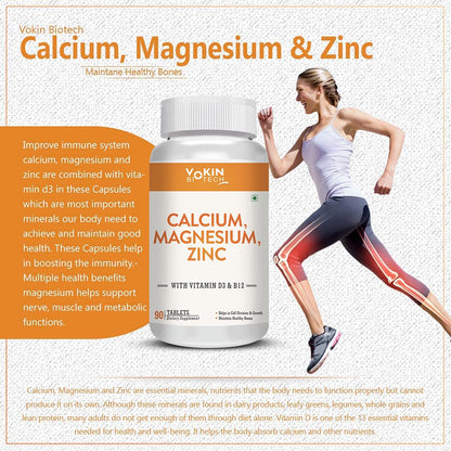 Vokin Biotech Calcium, Magnesium & Zinc supplement bottle with a woman running and骨骼图解.
